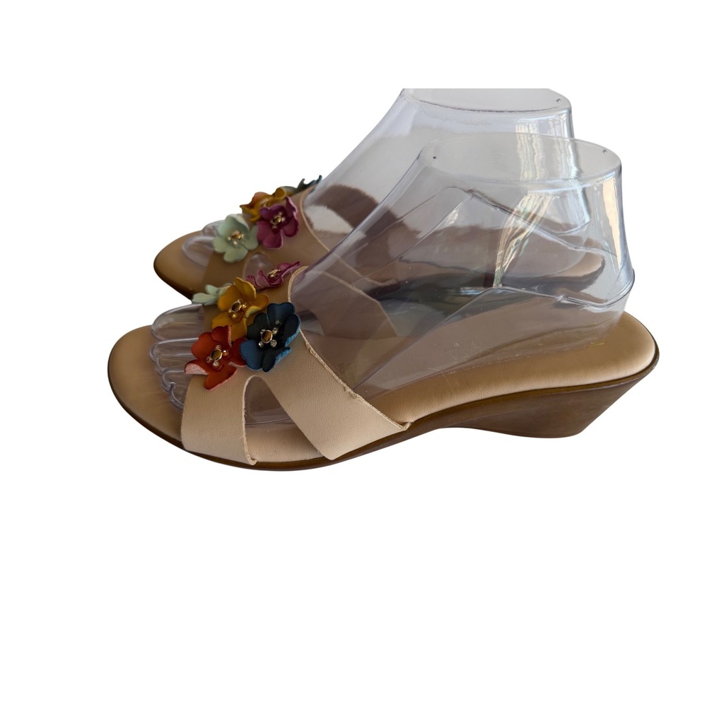 Italiana Beige Leather Floral‎ Wedge Sandals  Multi Color Flowers 9.5